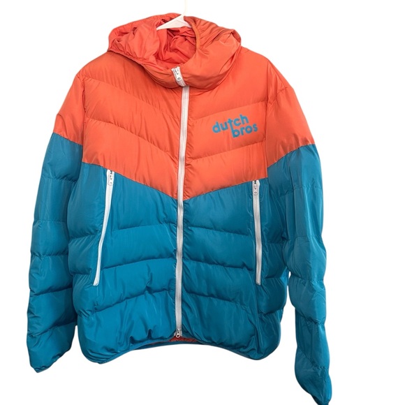 Dutch Bros MEDIUM Oversized Puffer Coral + Blue Hoodie Jacket DB 1992 CUTE!